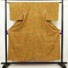 小紋 縮緬 総柄 正絹 木の葉・植物柄 袷仕立て 身丈151.5cm 裄丈63cm 着物 黄・黄土色_画像1
