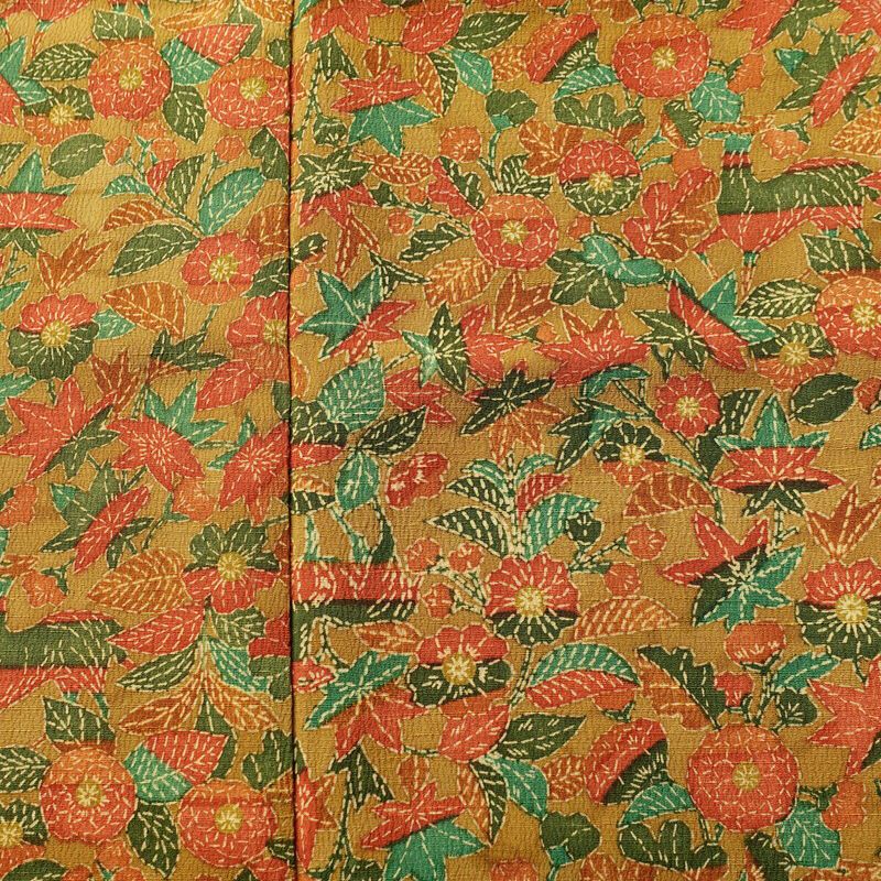 小紋 縮緬 総柄 正絹 木の葉・植物柄 袷仕立て 身丈151.5cm 裄丈63cm 着物 黄・黄土色_画像6