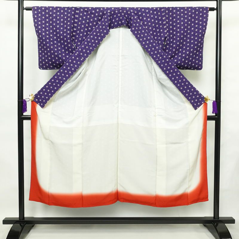 小紋 縮緬 正絹 麻の葉柄 袷仕立て 身丈147cm 裄丈62.5cm 着物 紫・藤色_画像3