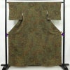 小紋 良品 縮緬 総柄 正絹 木の葉・植物柄 袷仕立て 身丈158cm 裄丈65cm 着物 緑・うぐいす色_画像1