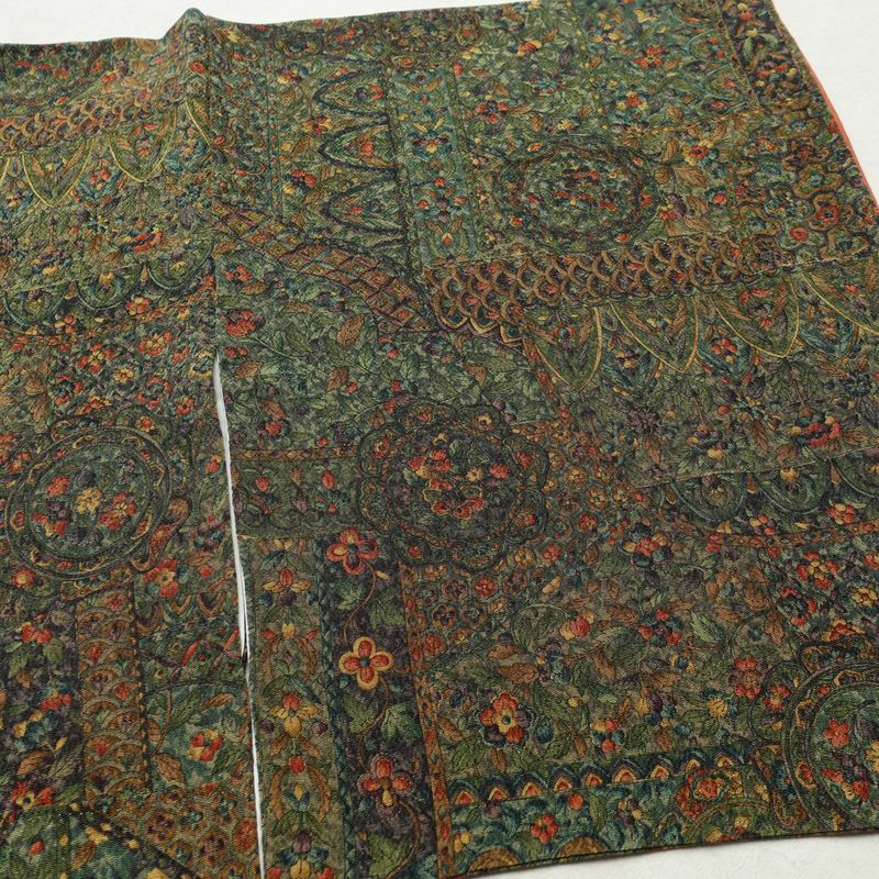 小紋 良品 縮緬 総柄 正絹 木の葉・植物柄 袷仕立て 身丈158cm 裄丈65cm 着物 緑・うぐいす色_画像13