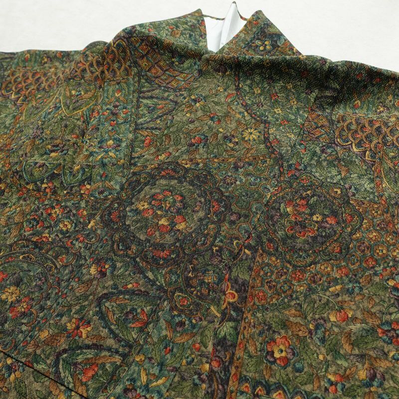 小紋 良品 縮緬 総柄 正絹 木の葉・植物柄 袷仕立て 身丈158cm 裄丈65cm 着物 緑・うぐいす色_画像16