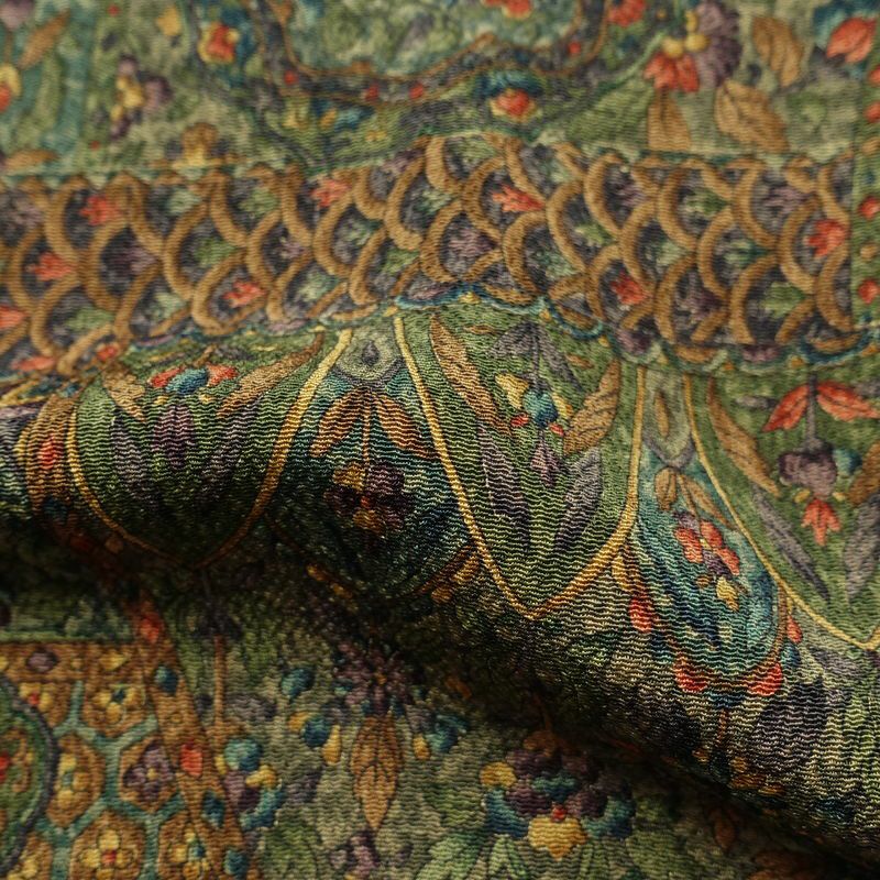 小紋 良品 縮緬 総柄 正絹 木の葉・植物柄 袷仕立て 身丈158cm 裄丈65cm 着物 緑・うぐいす色_画像21