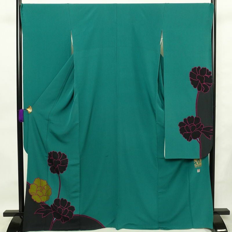 振袖 落款入り 草野一騎 縮緬 正絹 花柄 袷仕立て 身丈168cm 裄丈70.5cm フォーマル 二十歳 着物 緑・うぐいす色_画像1