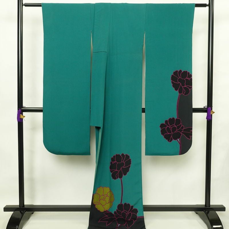 振袖 落款入り 草野一騎 縮緬 正絹 花柄 袷仕立て 身丈168cm 裄丈70.5cm フォーマル 二十歳 着物 緑・うぐいす色_画像2