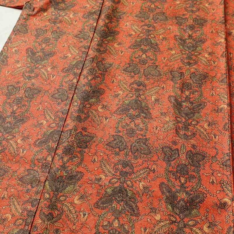小紋 良品 紬地 しつけ糸付き 正絹 木の葉・植物柄 袷仕立て 身丈155.5cm 裄丈63cm 着物 橙_画像5