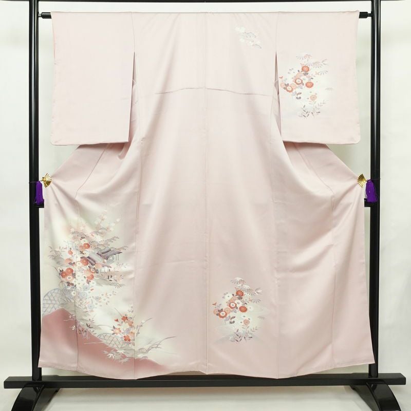 付け下げ 良品 しつけ糸付き 正絹 花柄 袷仕立て 身丈154.5cm 裄丈64cm フォーマル 着物 ピンク_画像1