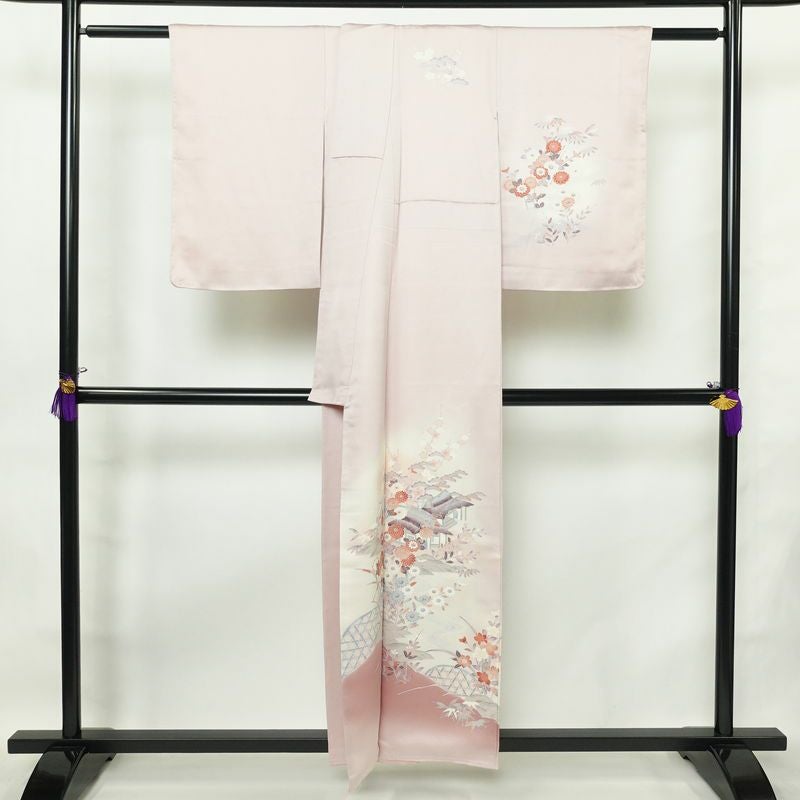 付け下げ 良品 しつけ糸付き 正絹 花柄 袷仕立て 身丈154.5cm 裄丈64cm フォーマル 着物 ピンク_画像2