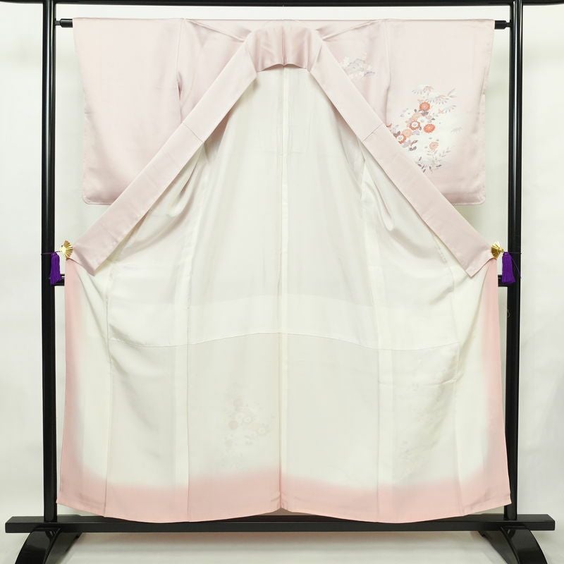 付け下げ 良品 しつけ糸付き 正絹 花柄 袷仕立て 身丈154.5cm 裄丈64cm フォーマル 着物 ピンク_画像3