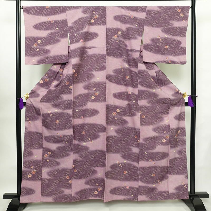 小紋 紬地 正絹 花柄 袷仕立て 身丈161.5cm 裄丈67cm 着物 紫・藤色_画像1