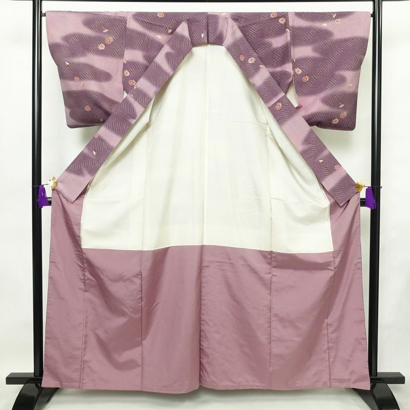 小紋 紬地 正絹 花柄 袷仕立て 身丈161.5cm 裄丈67cm 着物 紫・藤色_画像3