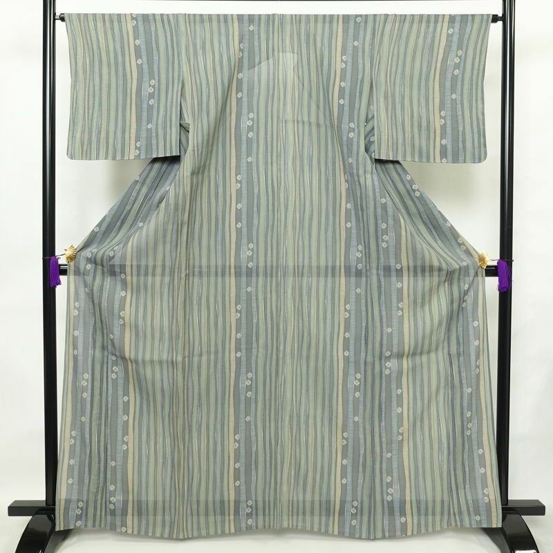 盛夏 小紋 夏用 正絹 縞柄・線柄 単衣仕立て 身丈165cm 裄丈65cm 一部しつけ糸付き 着物 緑・うぐいす色_画像1