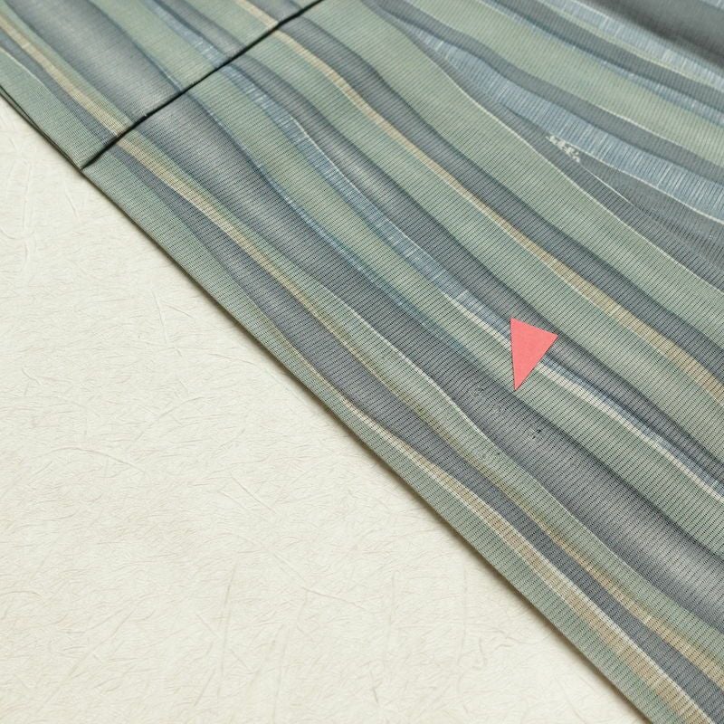 盛夏 小紋 夏用 正絹 縞柄・線柄 単衣仕立て 身丈165cm 裄丈65cm 一部しつけ糸付き 着物 緑・うぐいす色_画像9