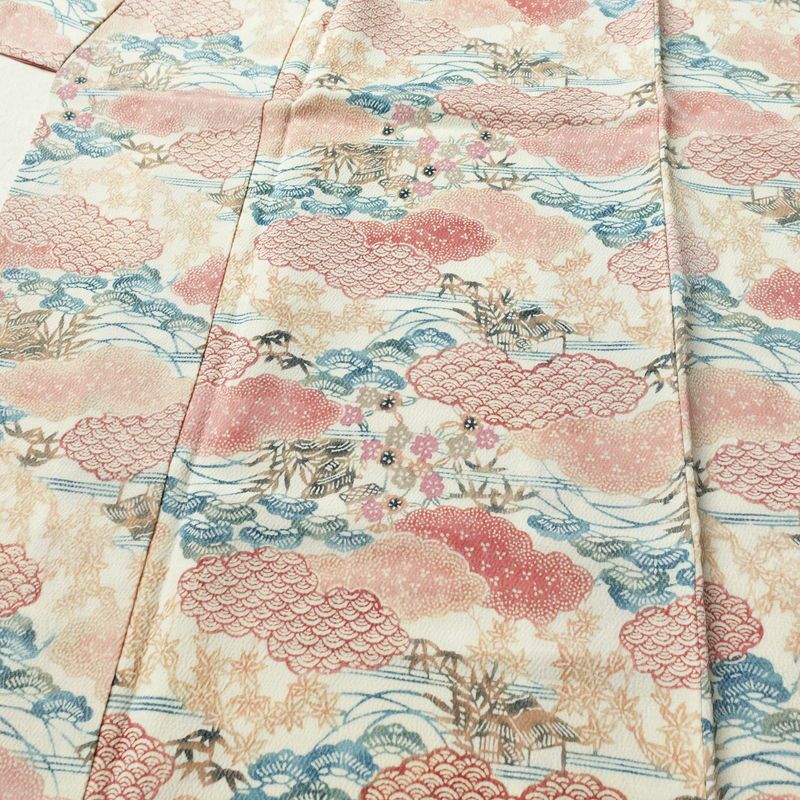 小紋 縮緬 正絹 古典柄 袷仕立て 身丈154cm 裄丈66.5cm 着物 クリーム_画像5