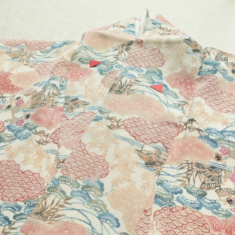 小紋 縮緬 正絹 古典柄 袷仕立て 身丈154cm 裄丈66.5cm 着物 クリーム_画像15