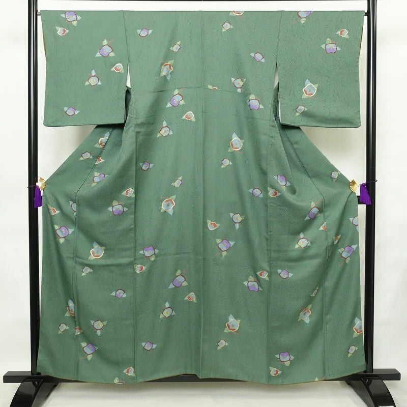 小紋 正絹 花柄 袷仕立て 身丈157cm 裄丈67cm 箔 着物 緑・うぐいす色_画像1