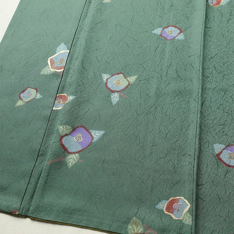小紋 正絹 花柄 袷仕立て 身丈157cm 裄丈67cm 箔 着物 緑・うぐいす色_画像4