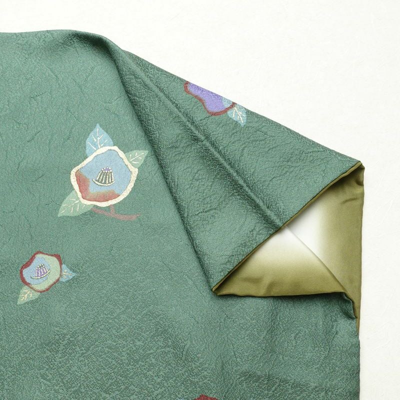 小紋 正絹 花柄 袷仕立て 身丈157cm 裄丈67cm 箔 着物 緑・うぐいす色_画像12