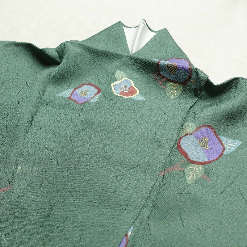 小紋 正絹 花柄 袷仕立て 身丈157cm 裄丈67cm 箔 着物 緑・うぐいす色_画像14