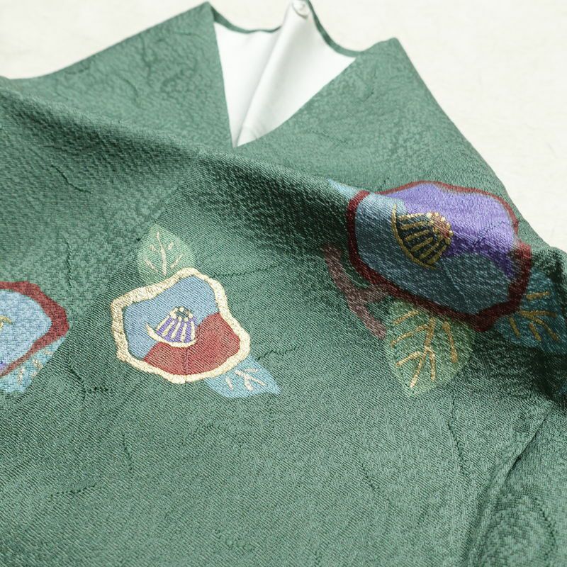 小紋 正絹 花柄 袷仕立て 身丈157cm 裄丈67cm 箔 着物 緑・うぐいす色_画像15
