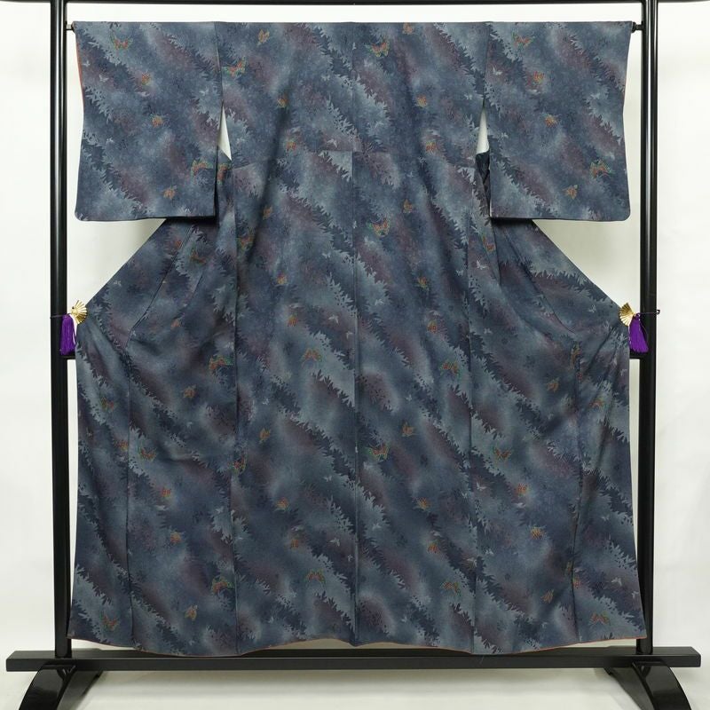 小紋 丹後ちりめん 正絹 蝶・昆虫柄 袷仕立て 身丈156cm 裄丈66cm 着物 青・紺_画像1