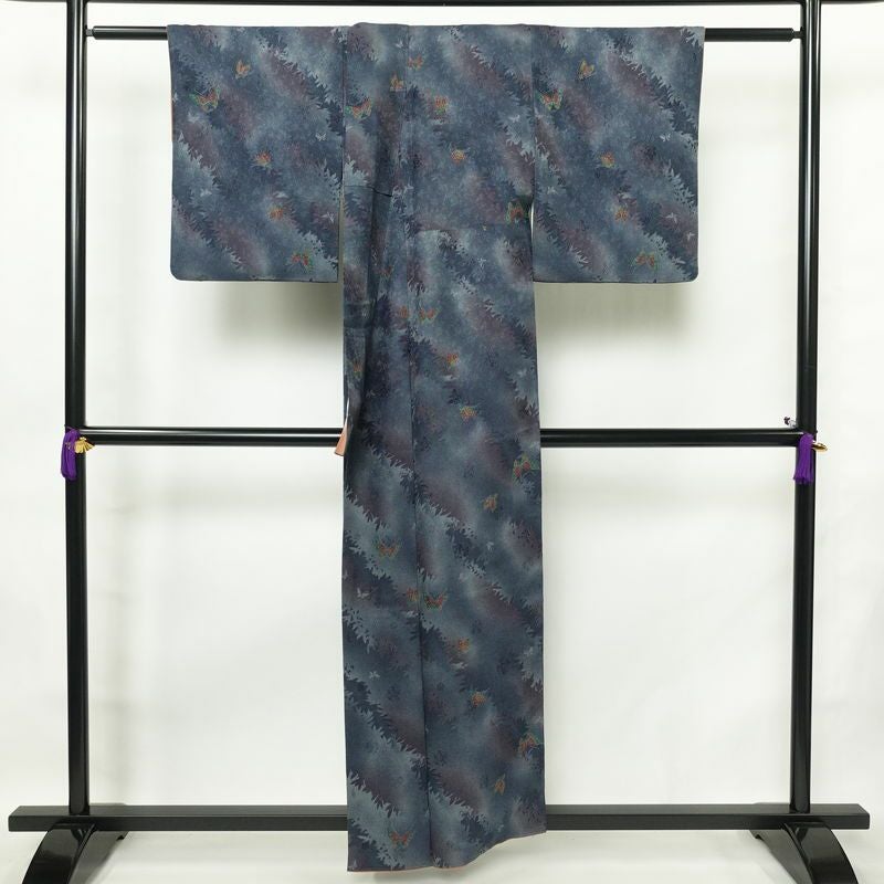 小紋 丹後ちりめん 正絹 蝶・昆虫柄 袷仕立て 身丈156cm 裄丈66cm 着物 青・紺_画像2