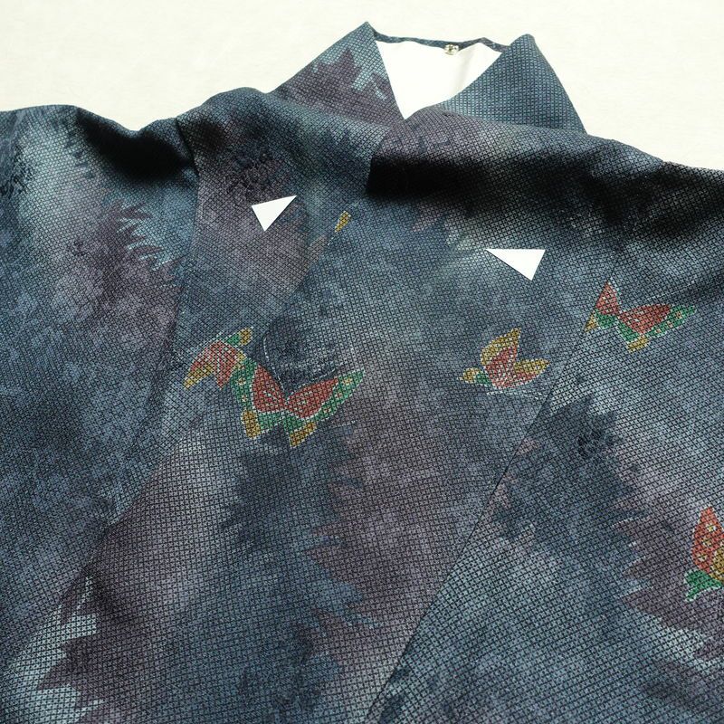 小紋 丹後ちりめん 正絹 蝶・昆虫柄 袷仕立て 身丈156cm 裄丈66cm 着物 青・紺_画像15