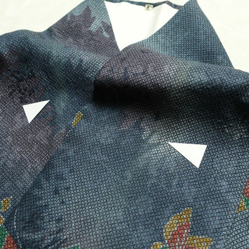 小紋 丹後ちりめん 正絹 蝶・昆虫柄 袷仕立て 身丈156cm 裄丈66cm 着物 青・紺_画像16