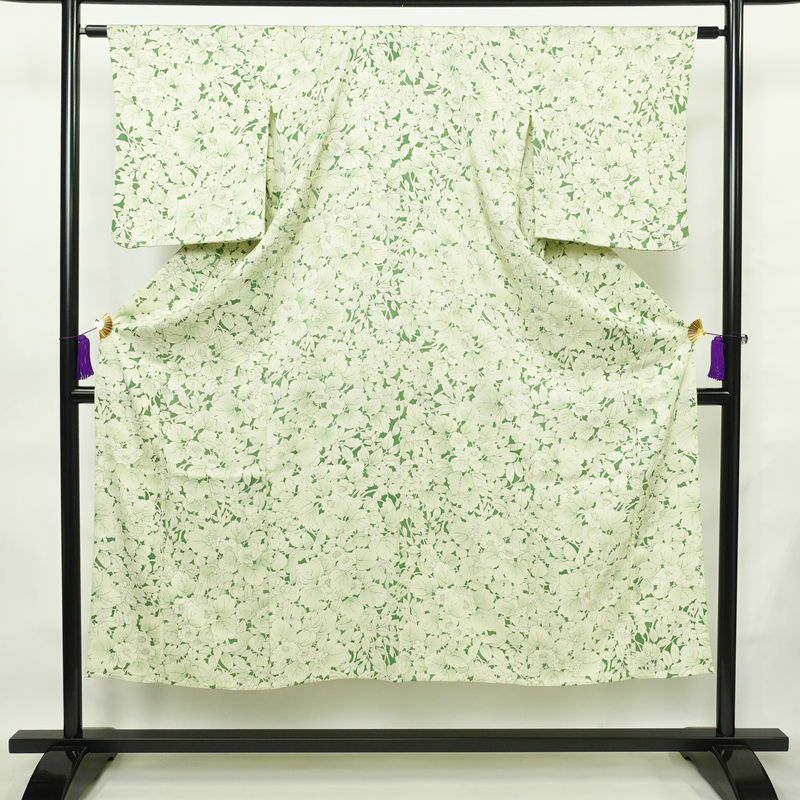 単衣 小紋 良品 正絹 花柄 単衣仕立て 身丈145.5cm 裄丈63cm 着物 緑・うぐいす色_画像1