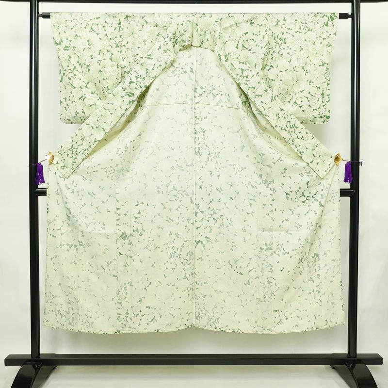 単衣 小紋 良品 正絹 花柄 単衣仕立て 身丈145.5cm 裄丈63cm 着物 緑・うぐいす色_画像3