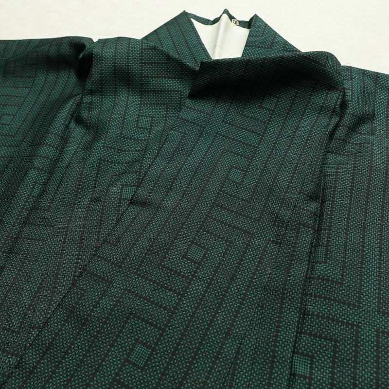 大島紬 正絹 幾何学柄・抽象柄 袷仕立て 身丈162cm 裄丈65.5cm 着物 緑・うぐいす色_画像15