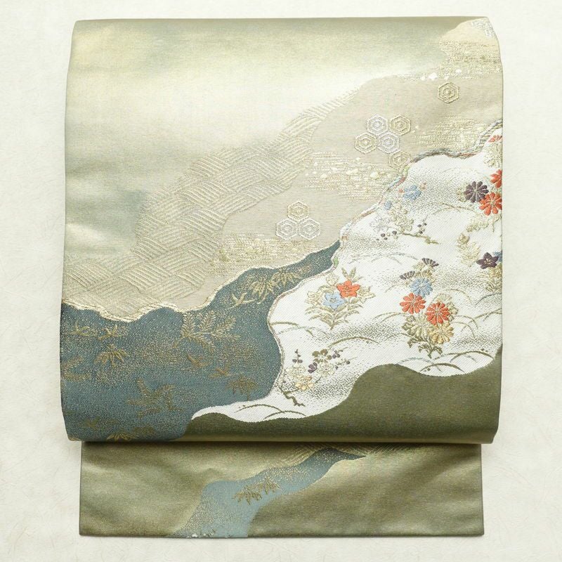 名古屋帯 秀彩錦 太鼓柄 良品 正絹 木の葉・植物柄 名古屋仕立て 箔 金糸 帯 緑・うぐいす色_画像1