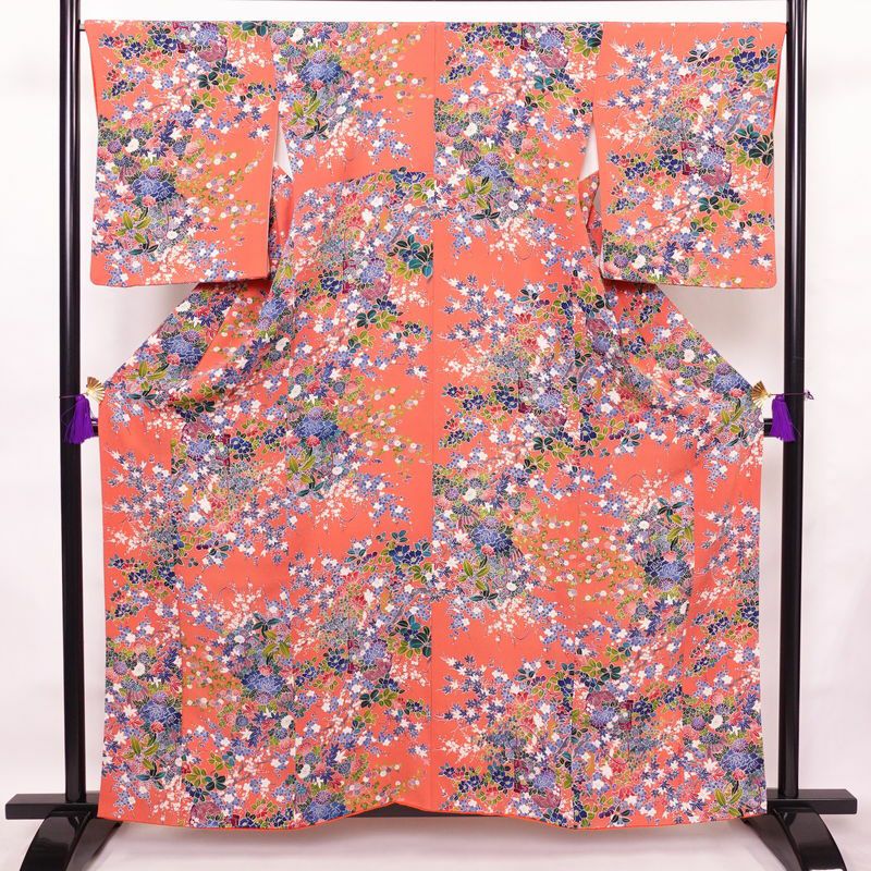 小紋 正絹 花柄 袷仕立て 身丈160cm 裄丈66.5cm 着物 ピンク_画像1
