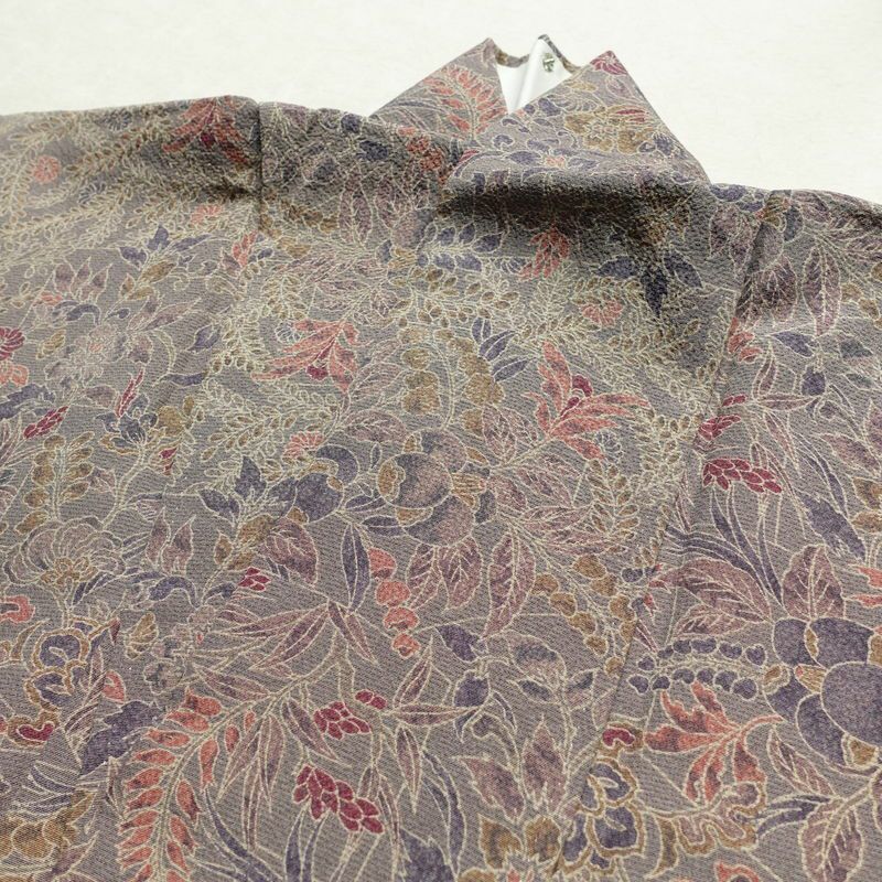 小紋 良品 丹後ちりめん 縮緬 正絹 木の葉・植物柄 袷仕立て 身丈152.5cm 裄丈64.5cm 着物 紫・藤色_画像16