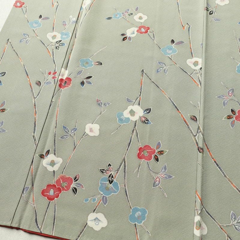 小紋 縮緬 正絹 花柄 袷仕立て 身丈163cm 裄丈67cm 箔 着物 緑・うぐいす色_画像4