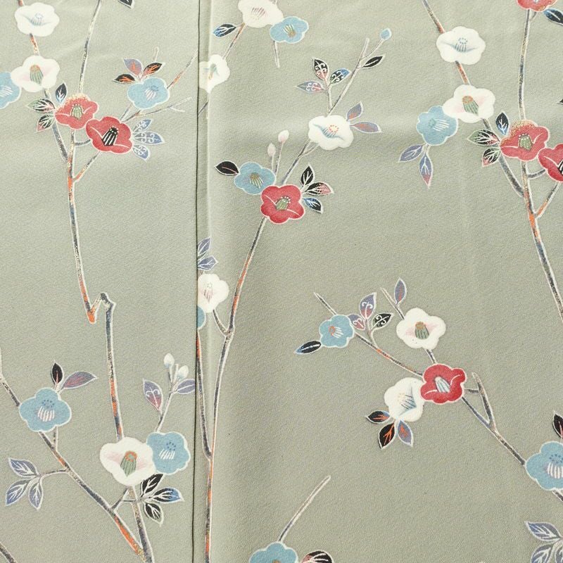 小紋 縮緬 正絹 花柄 袷仕立て 身丈163cm 裄丈67cm 箔 着物 緑・うぐいす色_画像6