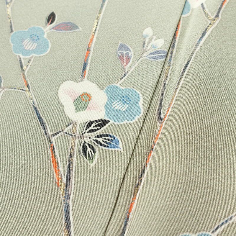 小紋 縮緬 正絹 花柄 袷仕立て 身丈163cm 裄丈67cm 箔 着物 緑・うぐいす色_画像9