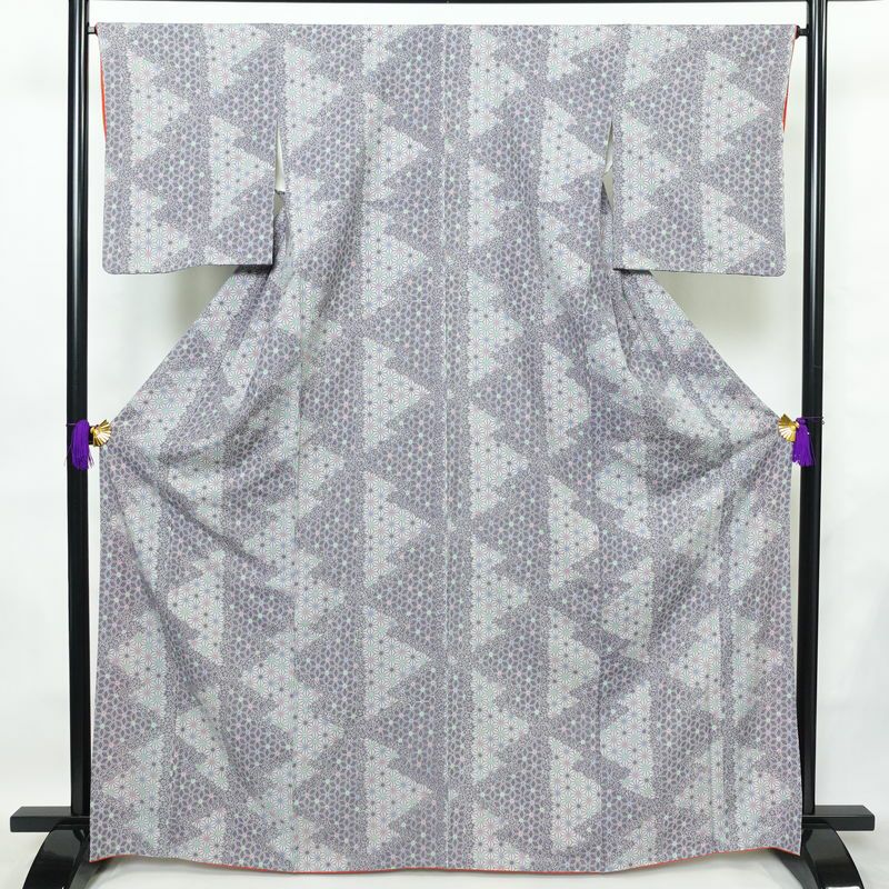 小紋 正絹 紬地 麻の葉柄 袷仕立て 身丈166cm 裄丈66.5cm 着物 青・紺_画像1