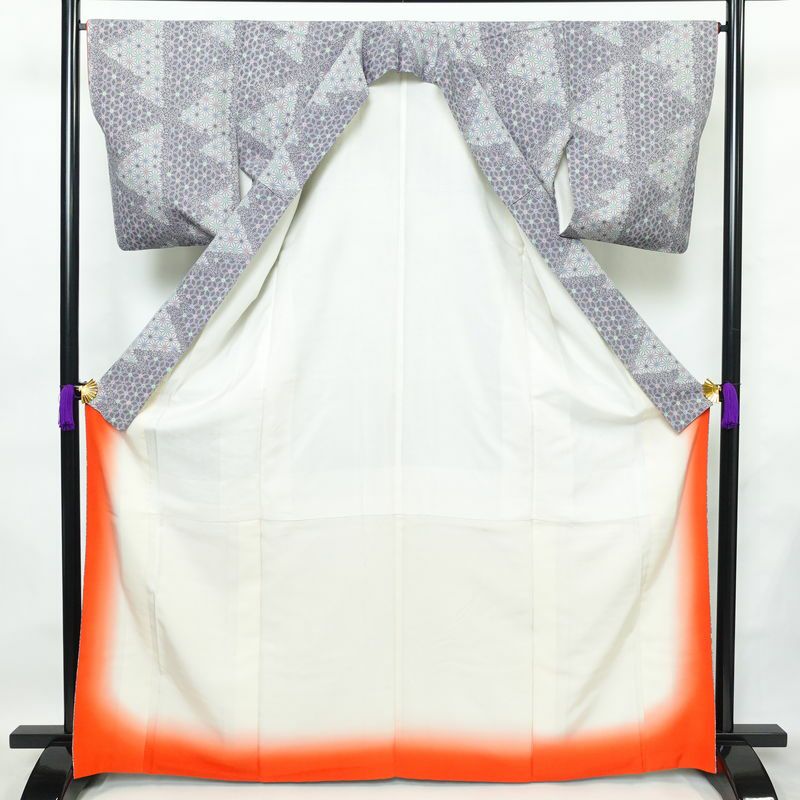 小紋 正絹 紬地 麻の葉柄 袷仕立て 身丈166cm 裄丈66.5cm 着物 青・紺_画像3