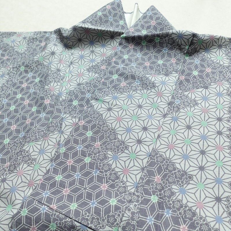 小紋 正絹 紬地 麻の葉柄 袷仕立て 身丈166cm 裄丈66.5cm 着物 青・紺_画像15