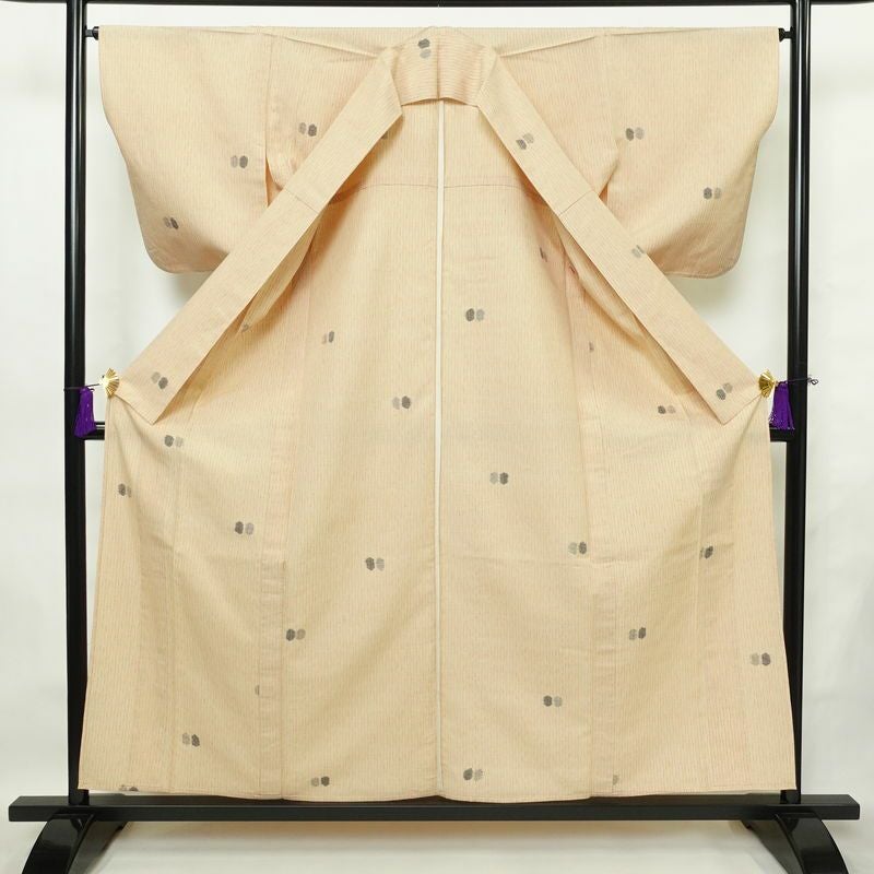 単衣 紬 正絹 幾何学柄・抽象柄 単衣仕立て 身丈158cm 裄丈66cm 着物 ベージュ_画像3