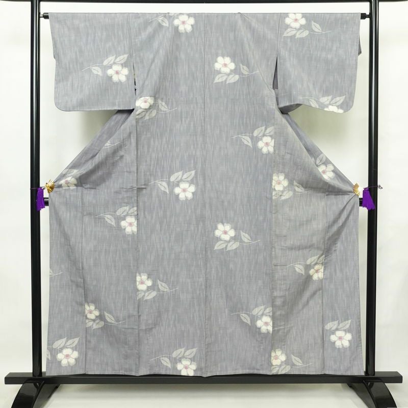 単衣 紬 正絹 花柄 単衣仕立て 身丈158.5cm 裄丈64.5cm 着物 青・紺_画像1