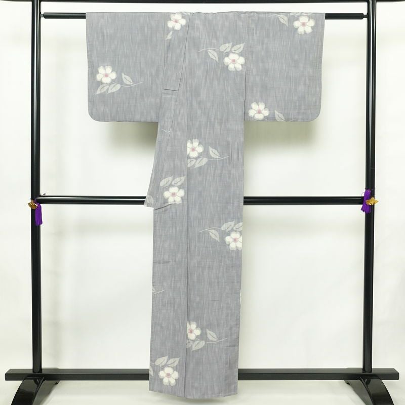 単衣 紬 正絹 花柄 単衣仕立て 身丈158.5cm 裄丈64.5cm 着物 青・紺_画像2