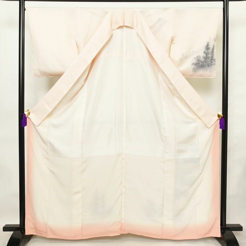 付け下げ しつけ糸付き 一つ紋付き 正絹 風景柄 袷仕立て 身丈163.5cm 裄丈67cm フォーマル 着物 ピンク_画像3