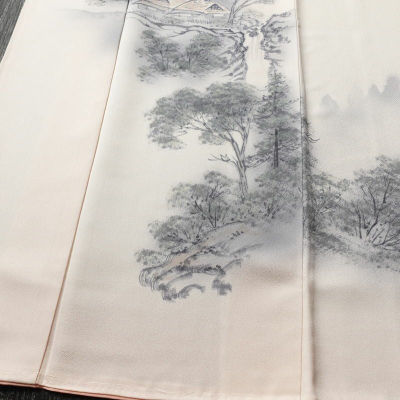 付け下げ しつけ糸付き 一つ紋付き 正絹 風景柄 袷仕立て 身丈163.5cm 裄丈67cm フォーマル 着物 ピンク_画像4