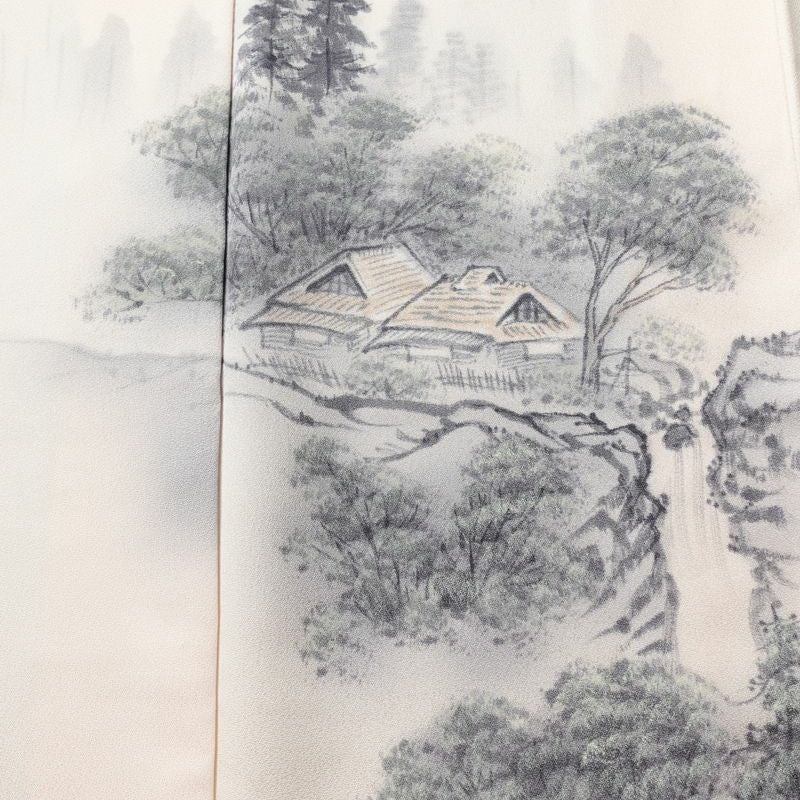 付け下げ しつけ糸付き 一つ紋付き 正絹 風景柄 袷仕立て 身丈163.5cm 裄丈67cm フォーマル 着物 ピンク_画像6