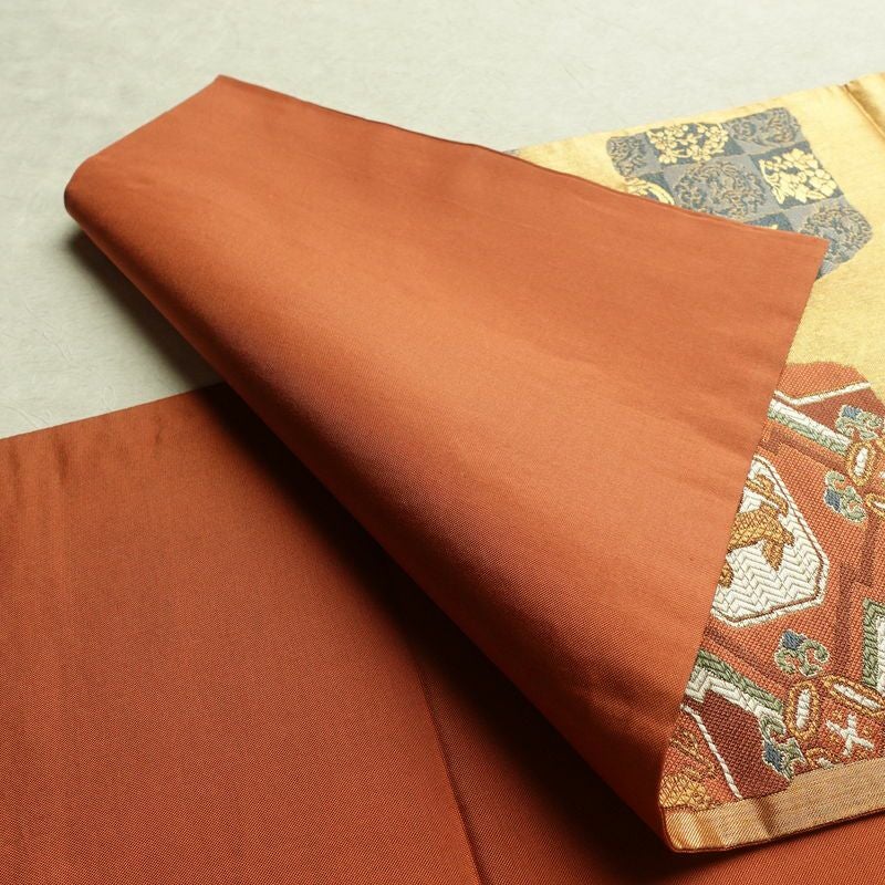 袋帯 利久名物裂 六通柄 良品 フォーマル用 正絹 幾何学柄・抽象柄 箔 金糸 帯 橙_画像9