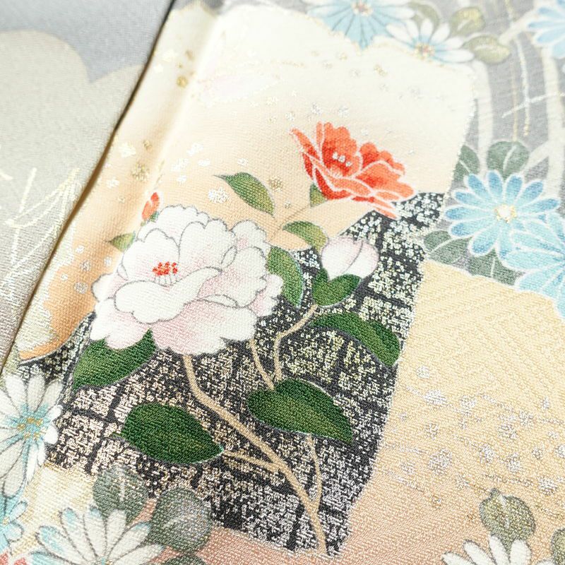 小紋 美品 元禄絵巻 しつけ糸付き 丹後ちりめん 正絹 花柄 袷仕立て 身丈167.5cm 裄丈65.5cm 箔 着物 多色使い_画像7