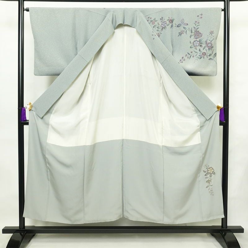 訪問着 縮緬 正絹 花柄 袷仕立て 身丈151.5cm 裄丈65cm 箔 金彩 フォーマル 着物 青・紺_画像3