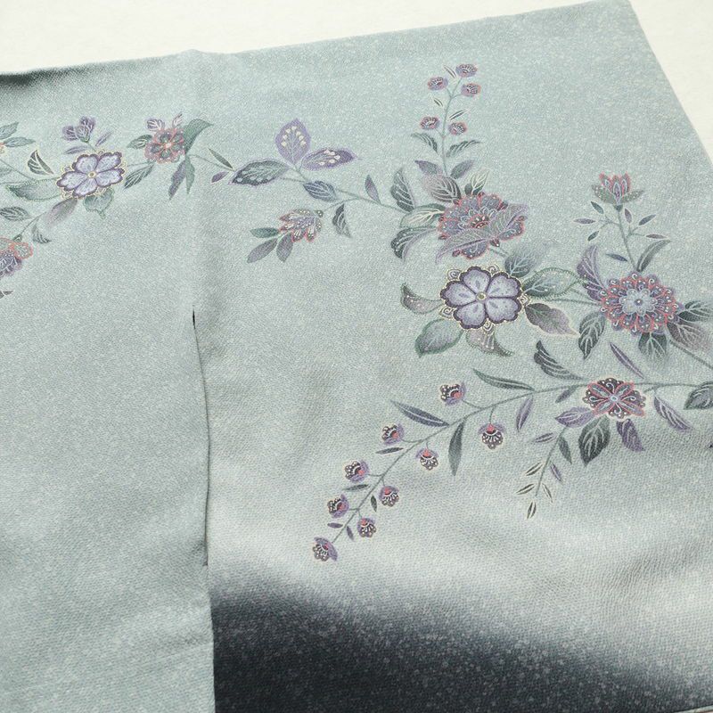 訪問着 縮緬 正絹 花柄 袷仕立て 身丈151.5cm 裄丈65cm 箔 金彩 フォーマル 着物 青・紺_画像13